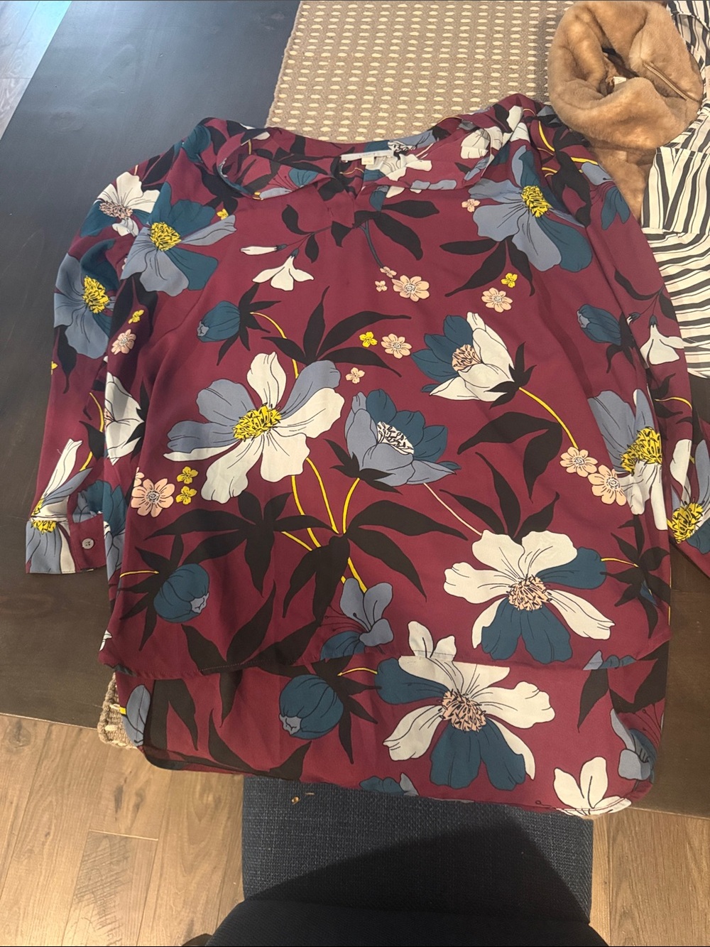 LOFT Burgundy Floral Blouse with Blue and White Blooms